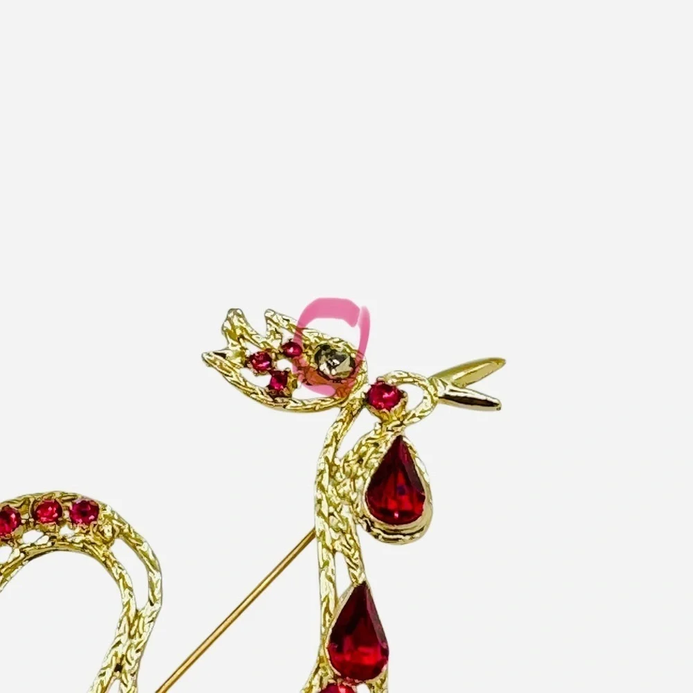 Vintage Gold Tone Roaster Brooch Fuchsia, Rhinestone Statement Pin
